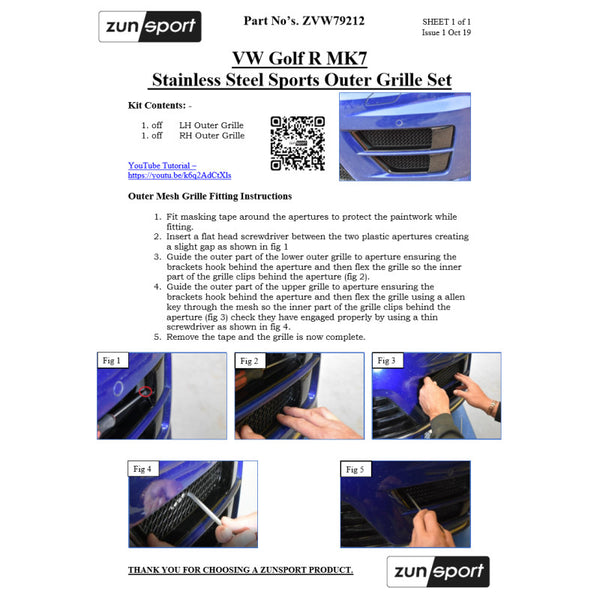 Zunsport Front Grille Set 2015-2017 Mk 7 Volkswagen Golf R