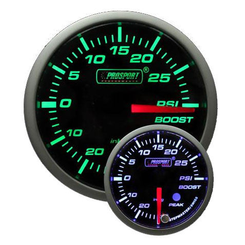 Prosport Premium Peak/Warning Boost Gauge - 52mm Green/White